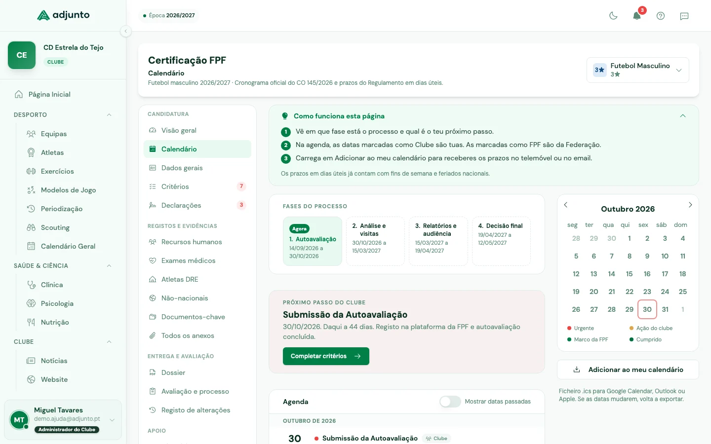 Calendário da certificação no Adjunto com as fases e o próximo passo