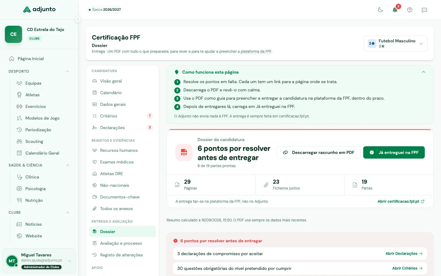 Dossier da candidatura no Adjunto com os pontos por resolver