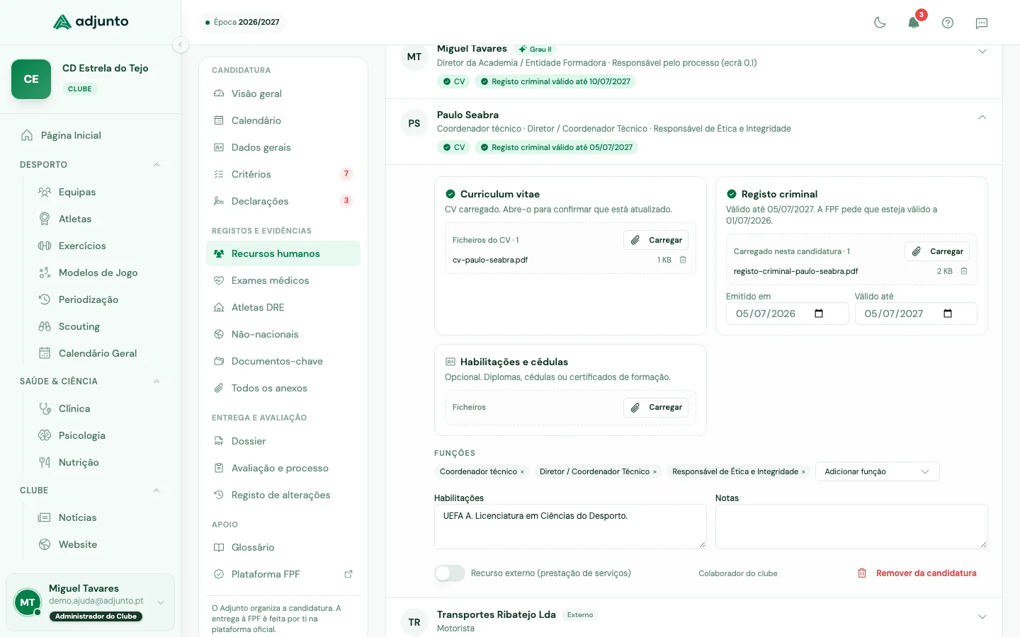 Ficha de um colaborador com CV e registo criminal no Adjunto