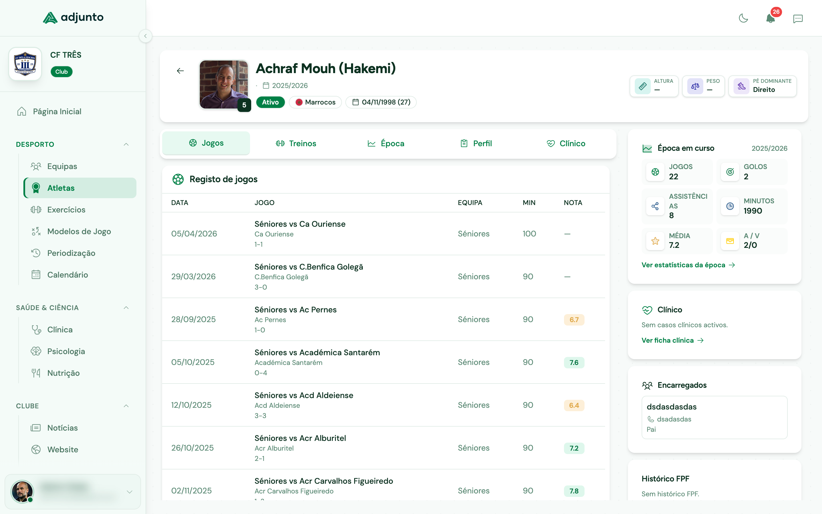 Adjunto - Perfil do atleta com histórico de jogos, estatísticas e notas