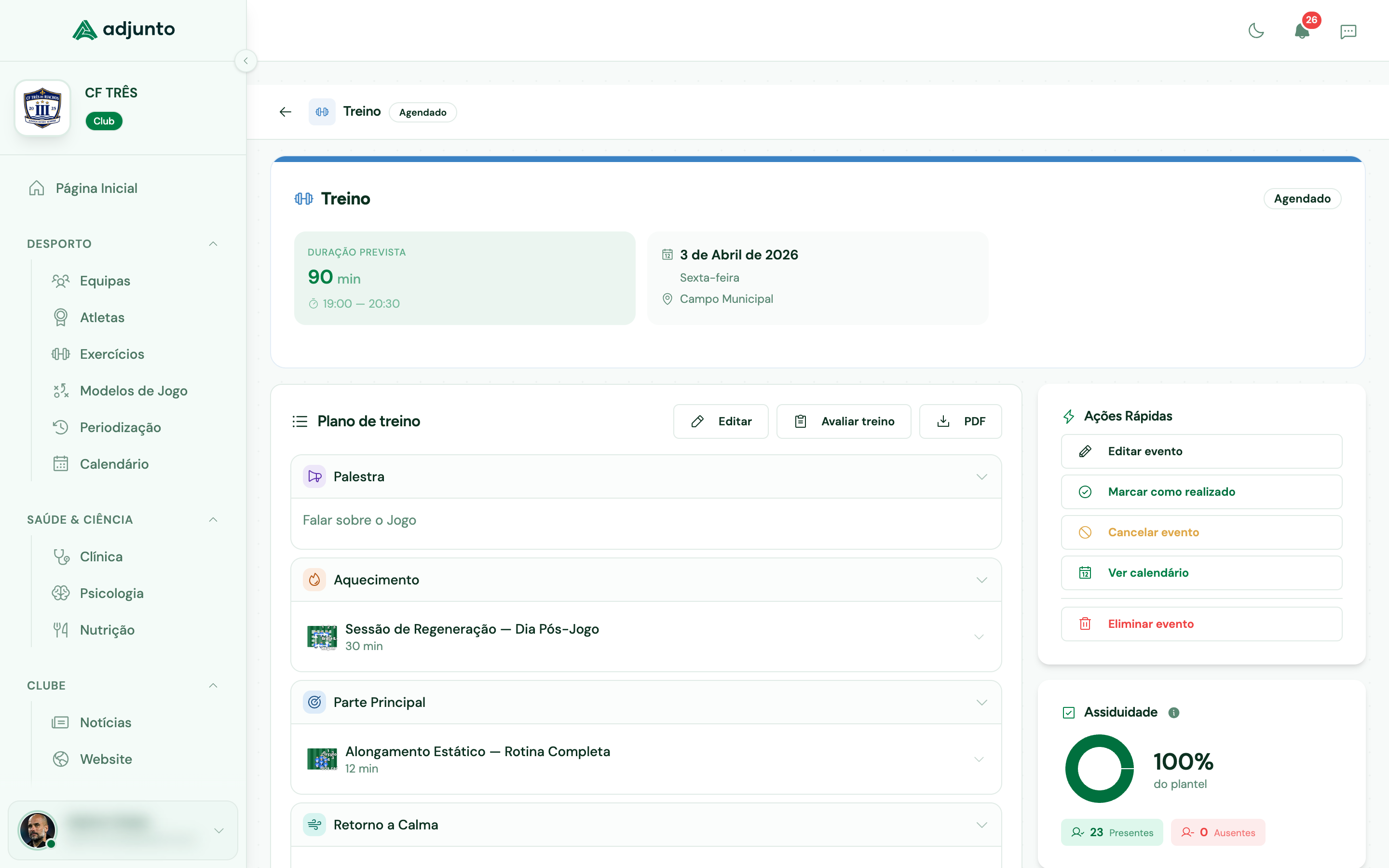 Adjunto - Plano de treino estruturado com fases, exercícios e controlo de presenças