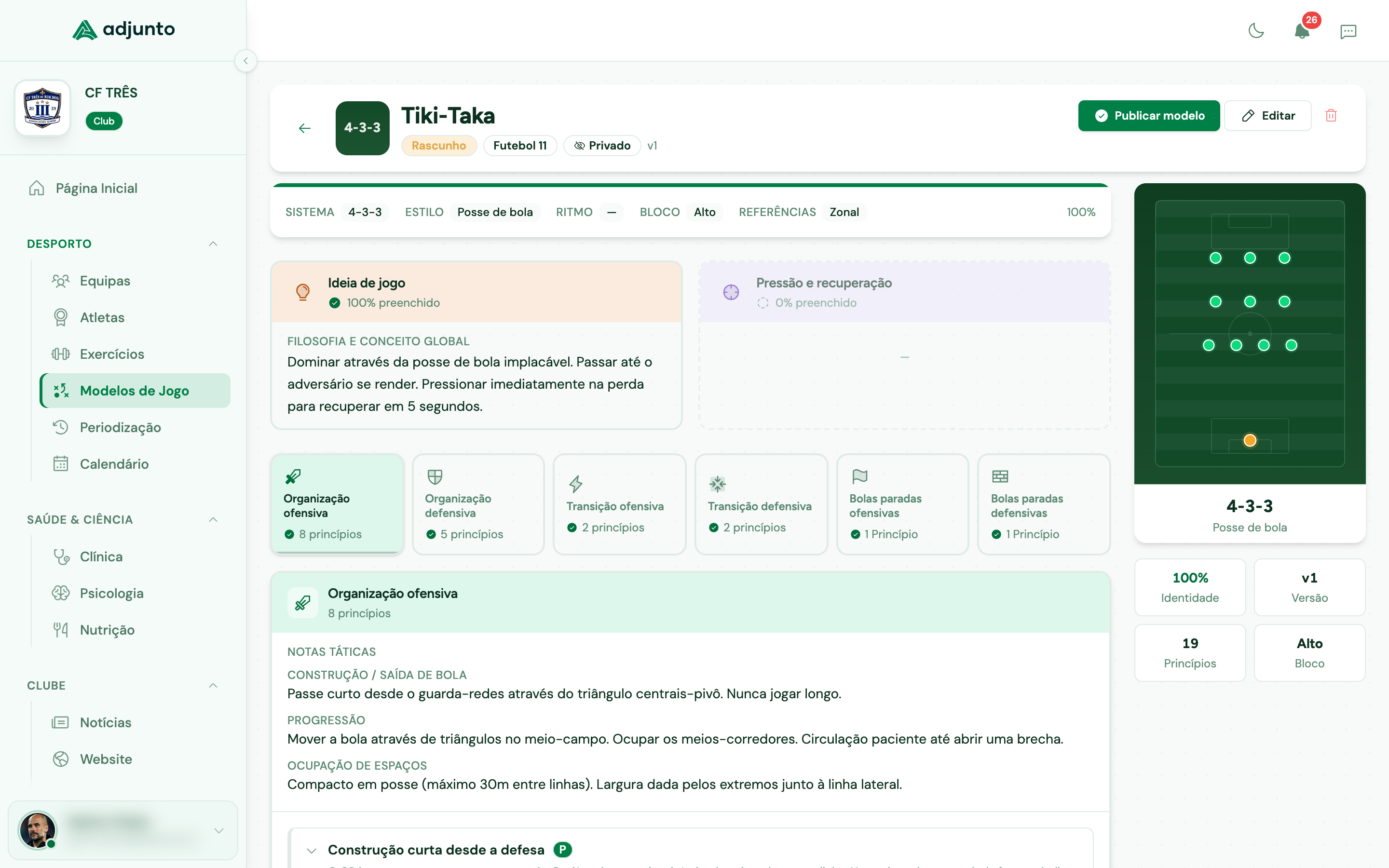 Adjunto - Modelo de jogo com formação tática, princípios e sub-princípios por momento de jogo