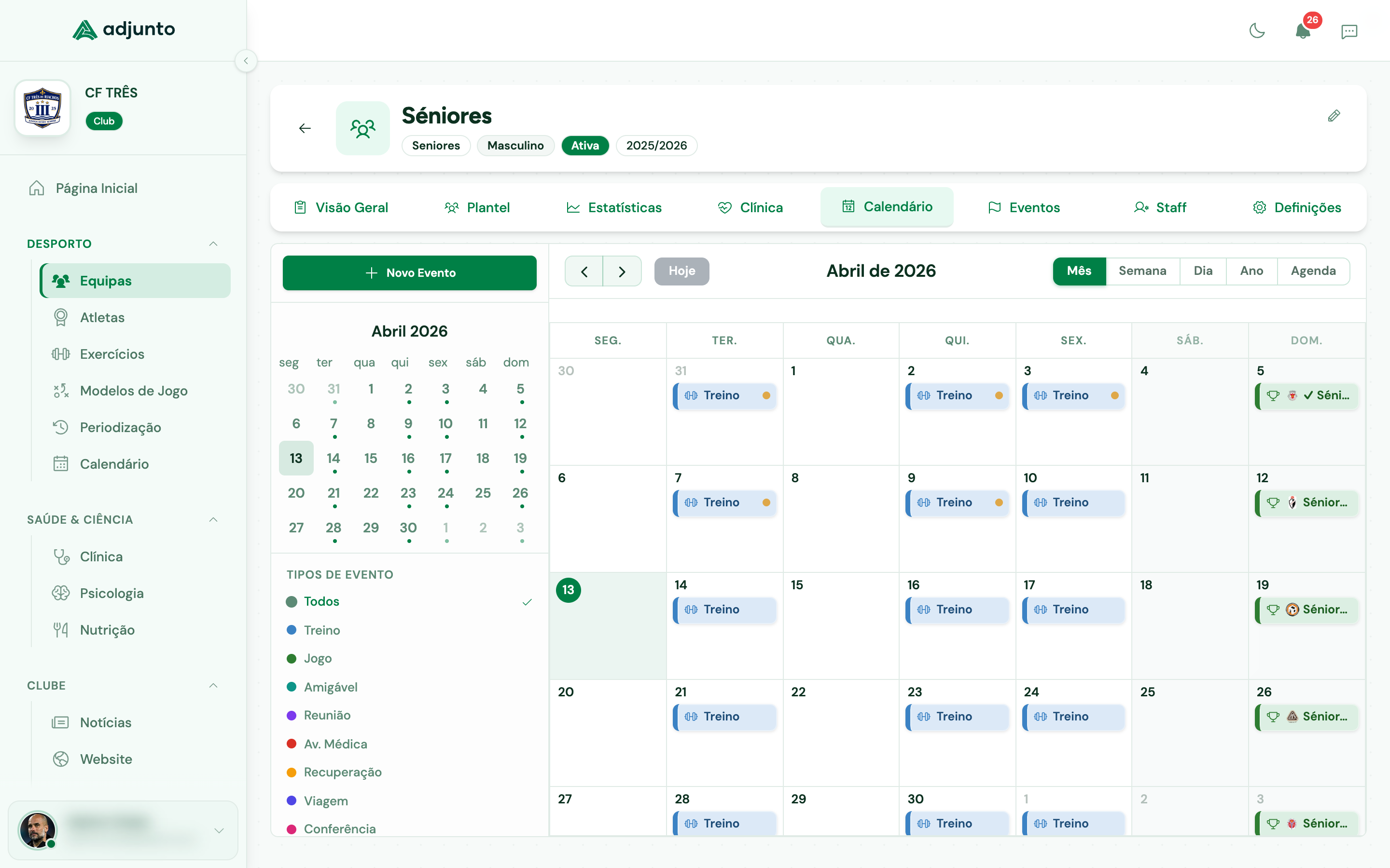 Adjunto - Calendário de treinos e jogos com vista mensal