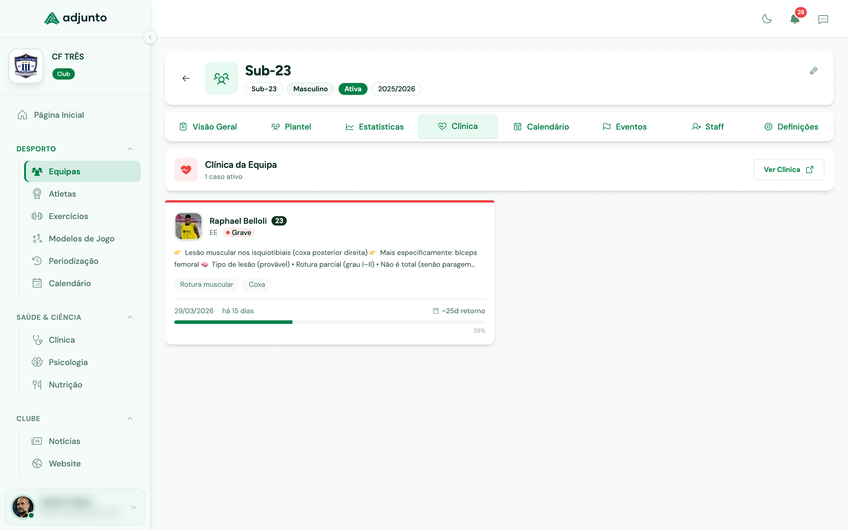 Adjunto - Gestão clínica da equipa com registo de lesões e estimativa de retorno
