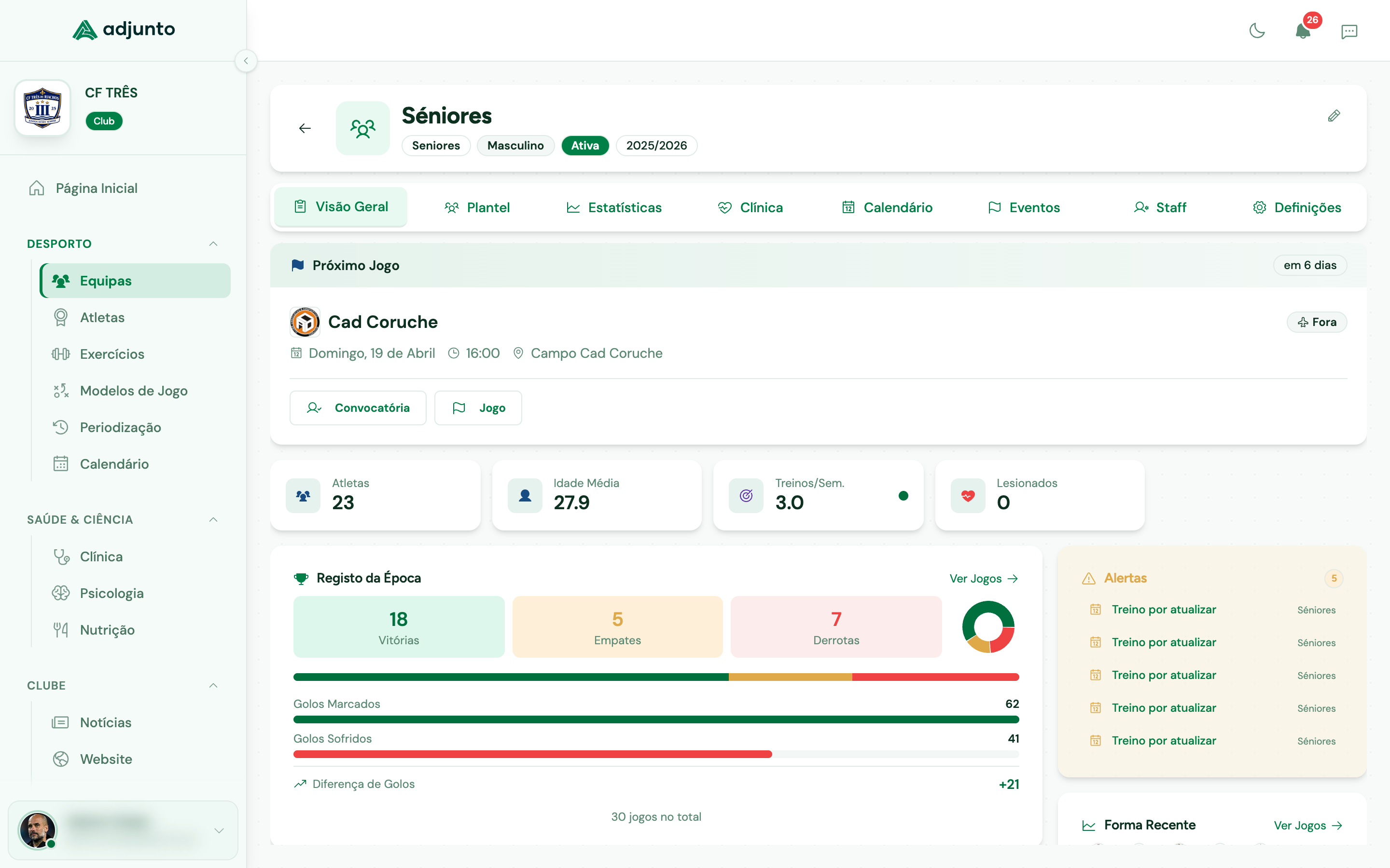 Adjunto - Dashboard de equipa com visão geral da época, estatísticas e próximos jogos