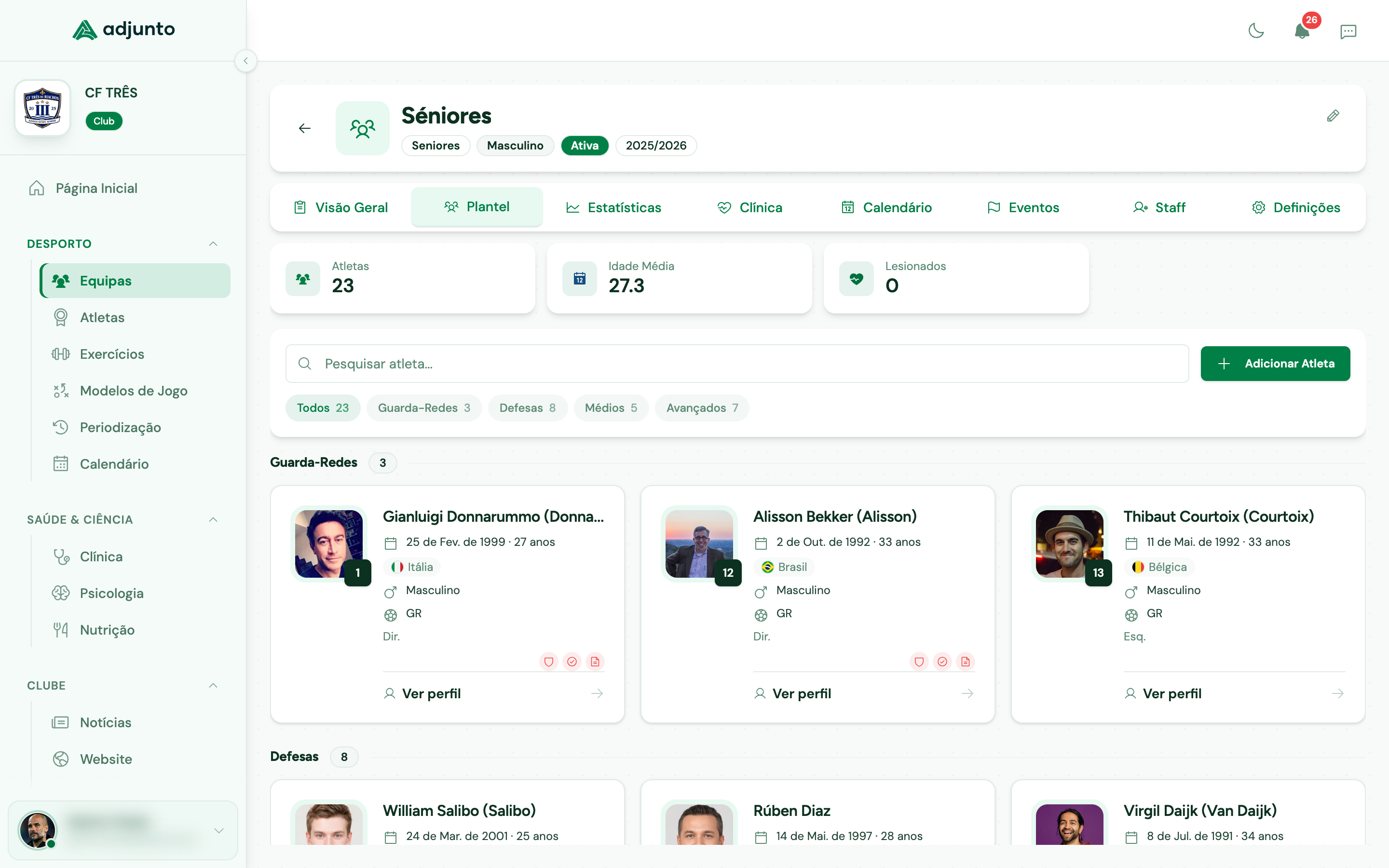 Adjunto - Plantel da equipa com perfis de atletas organizados por posição